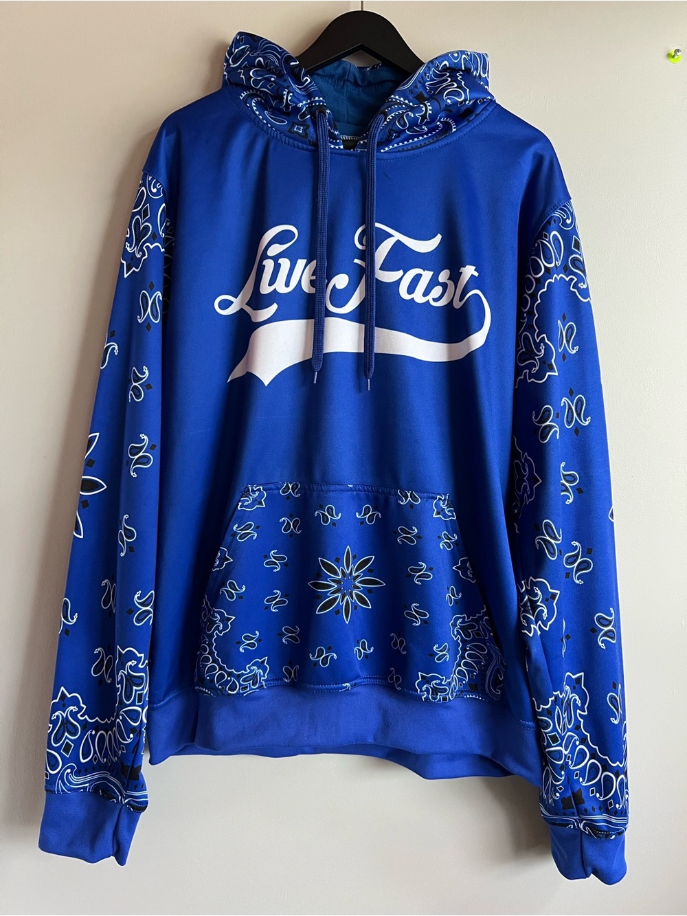 Live Fast Blue Bandana Print Hoodie Mens XL Streetwear Graphic Pullover Hoodie